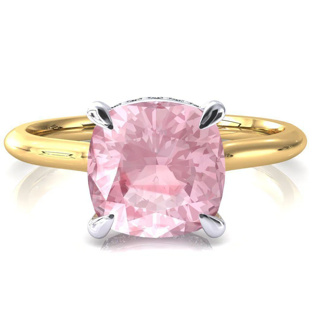 Secret Cushion Pink Sapphire 4 Prong Floating Halo Engagement Ring