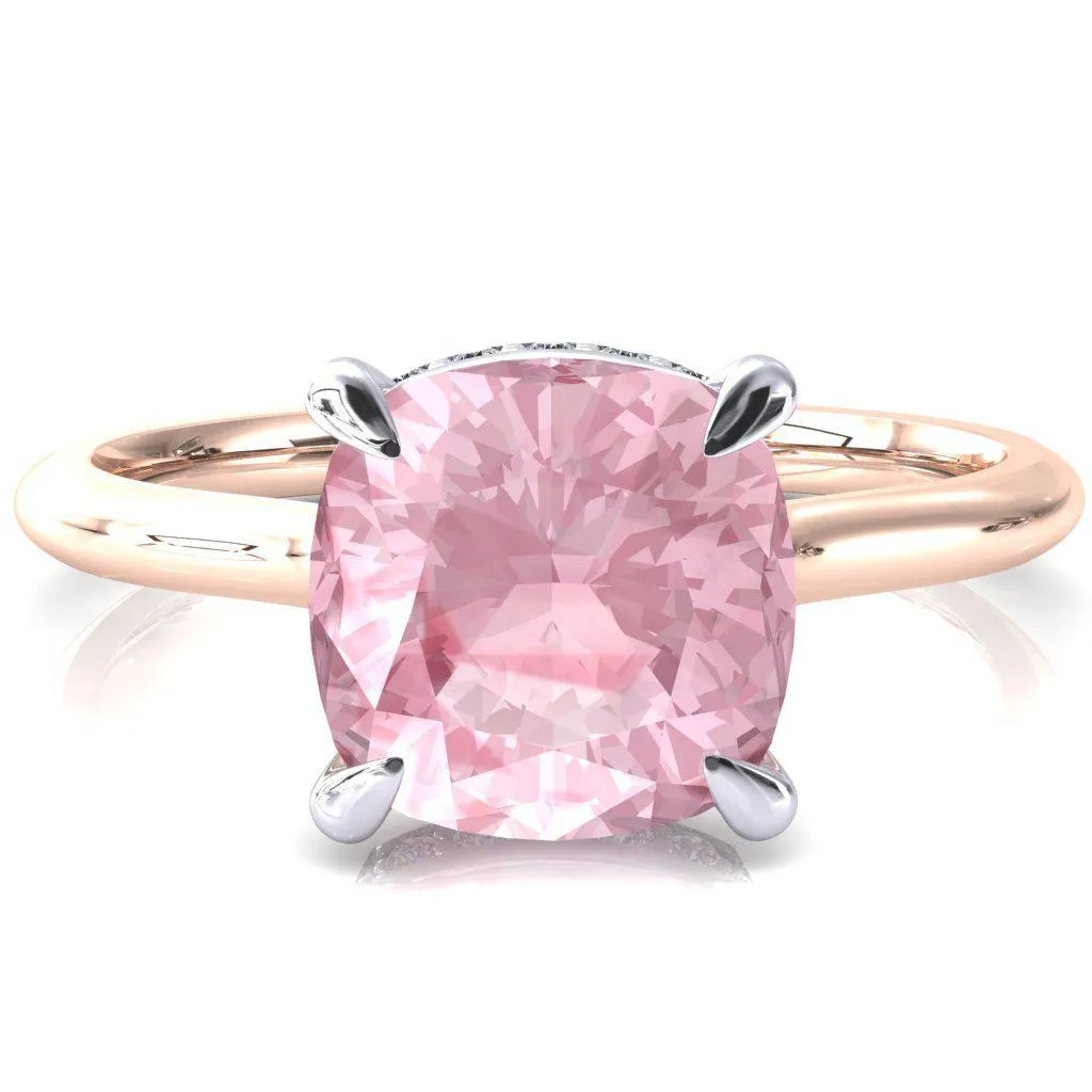 Secret Cushion Pink Sapphire 4 Prong Floating Halo Engagement Ring