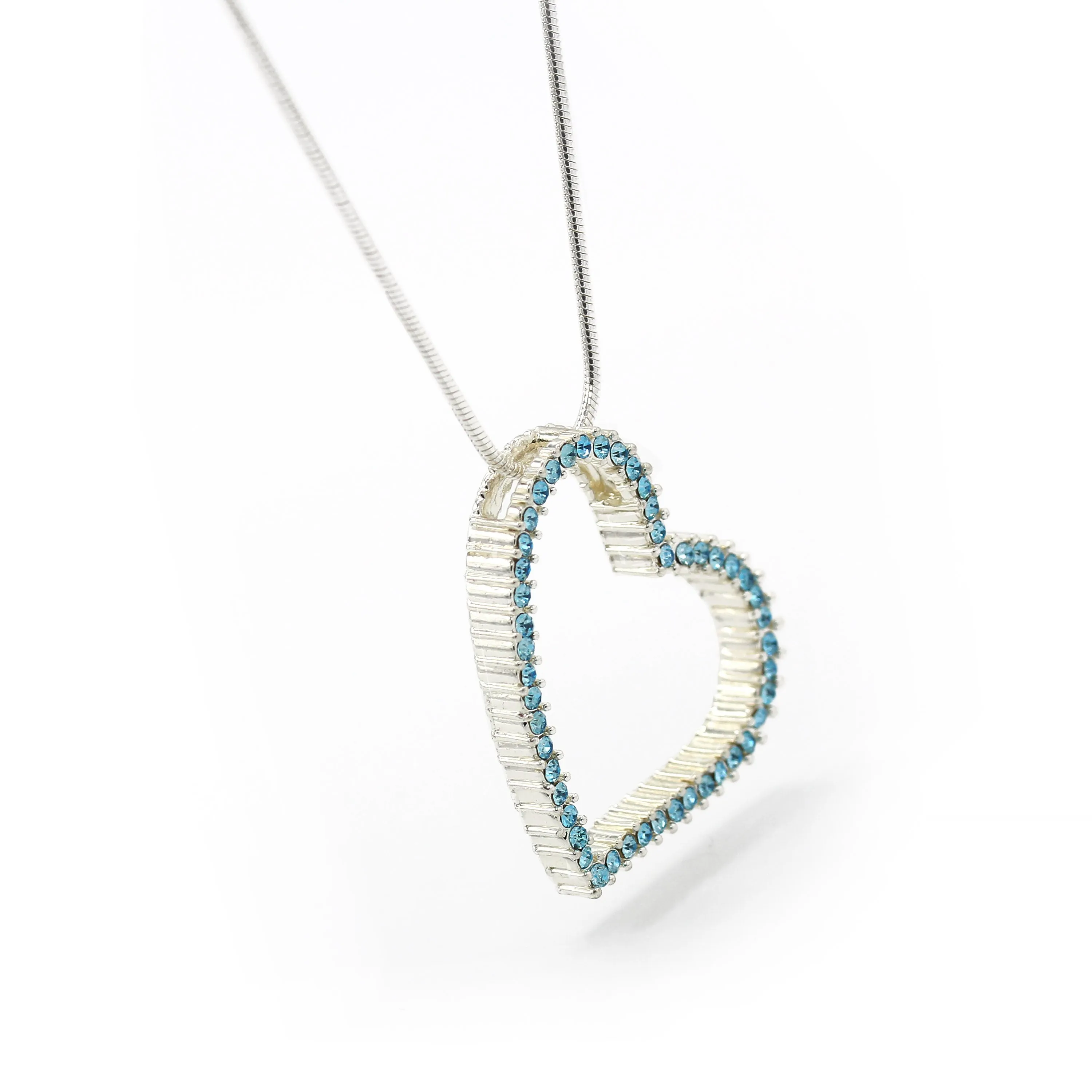 SILVER AQUA RHINESTONE HEART PENDANT NECKLACE # HNN2013L-SIL/AQUA/CRY