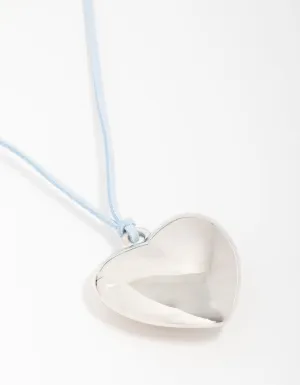 Silver Blue Cord Puffy Heart Necklace