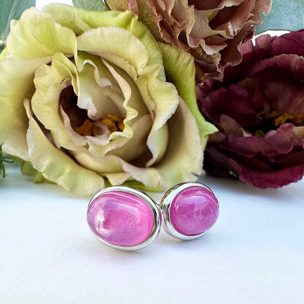 Silver Cabochon Oval Cut Ruby Earrings