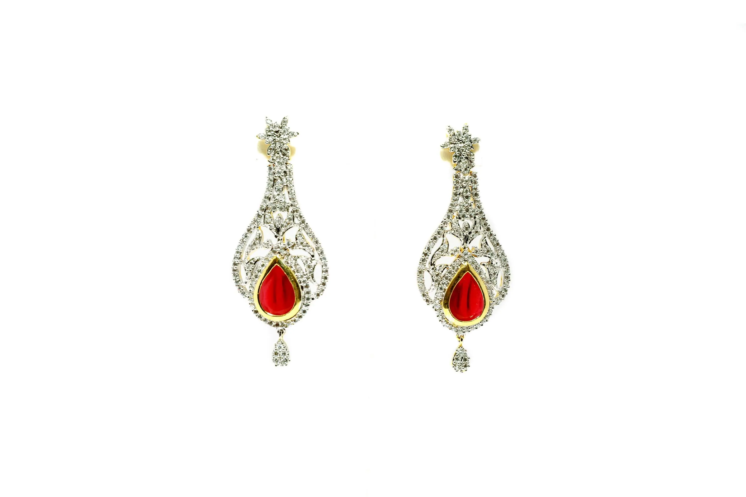 Silver Dangle Earrings - Diamante & Ruby Red Stones