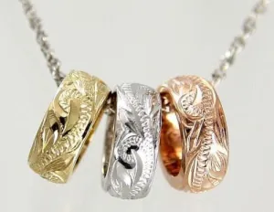 SOLID 14K TRICOLOR YELLOW ROSE WHITE GOLD BARREL ENGRAVE HAWAIIAN SCROLL PENDANT