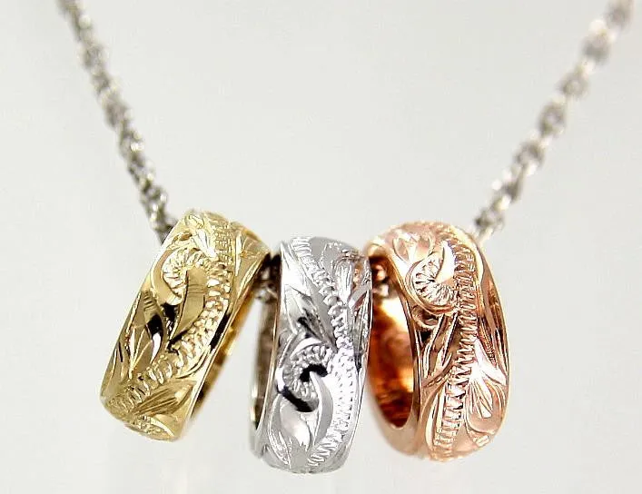SOLID 14K TRICOLOR YELLOW ROSE WHITE GOLD BARREL ENGRAVE HAWAIIAN SCROLL PENDANT