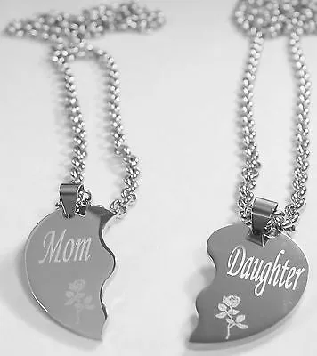 SOLID STAINLESS STEEL MOM DAUGHTER  SPLIT HEART NECKLACES LOVE FREE ENGRAVING