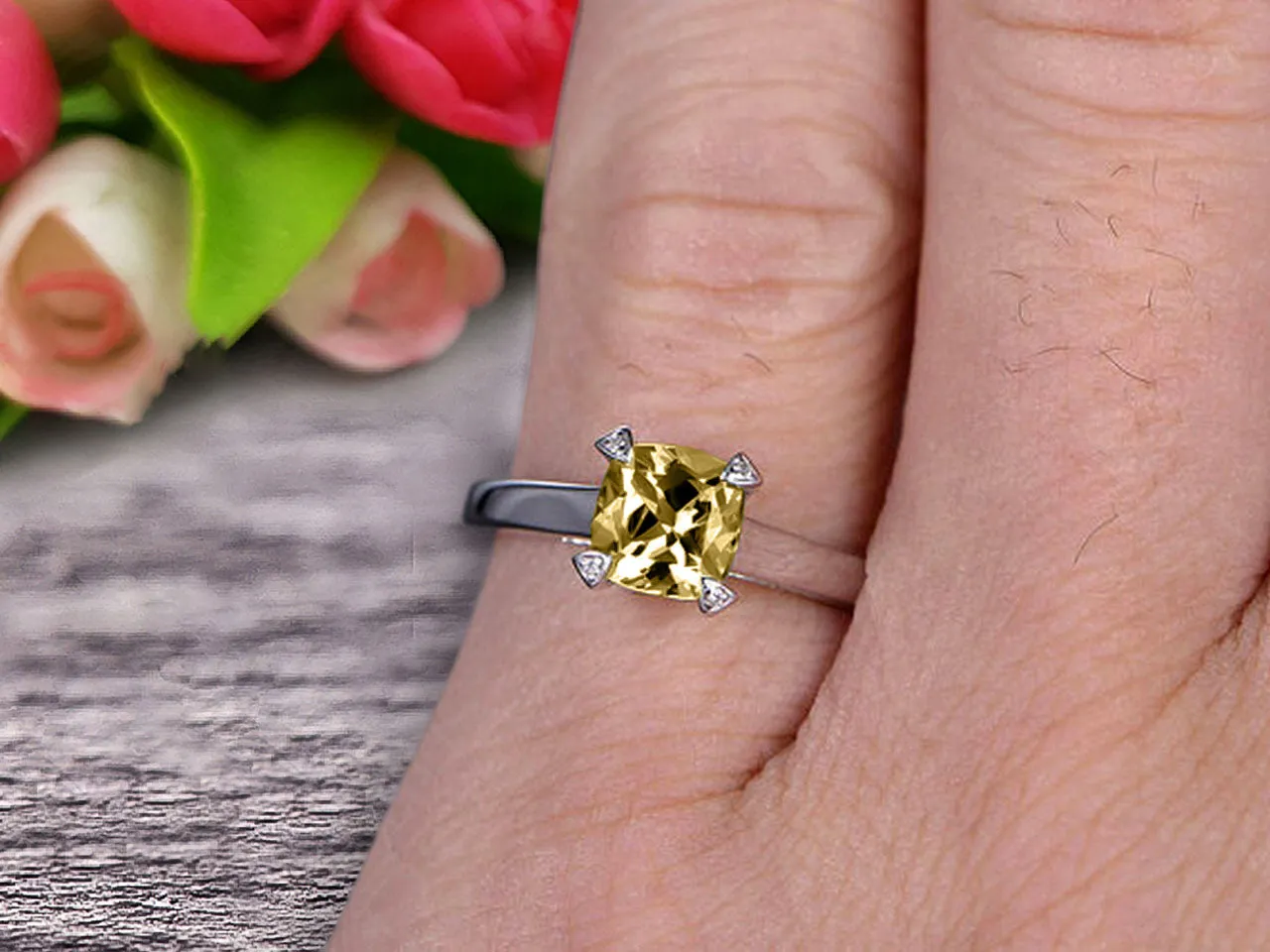 Solitaire 1 Carat Cushion Cut Champagne Diamond Moissanite Engagement Ring 10k White Gold
