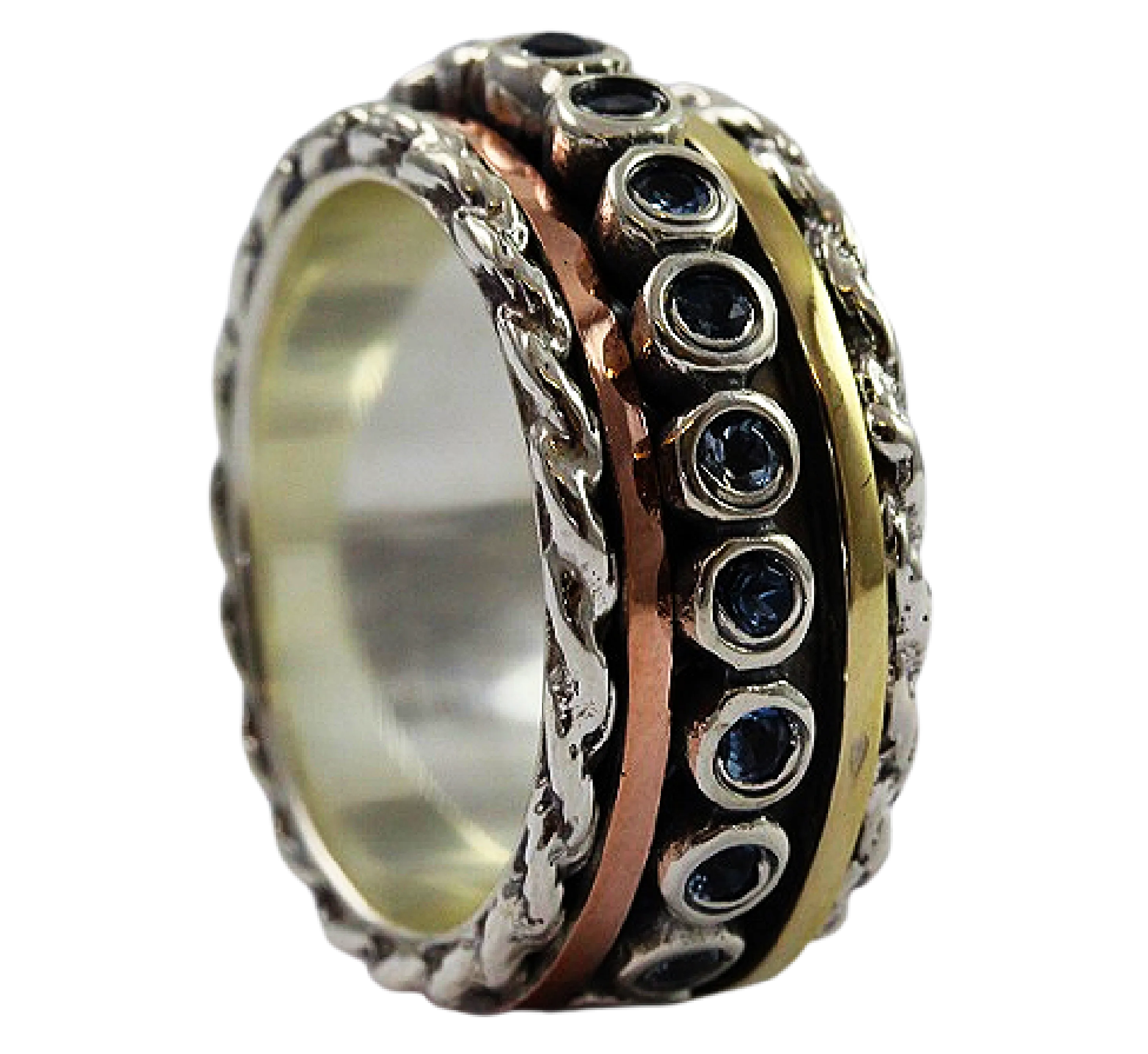 Spinner ring for woman Sterling silver and gold set with green Tourmalines.