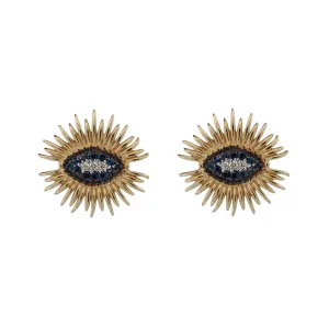 Spiritual Guardian Evil Eye Diamond Sapphire Gold Stud Earrings