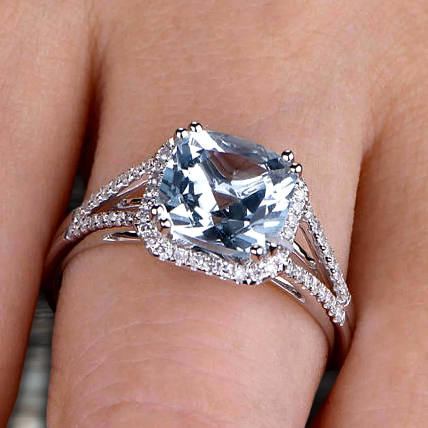 Split Shank Cushion Cut 10k White Gold 1.50 Carat Blue Aquamarine Engagement Ring Anniversary Ring HALO