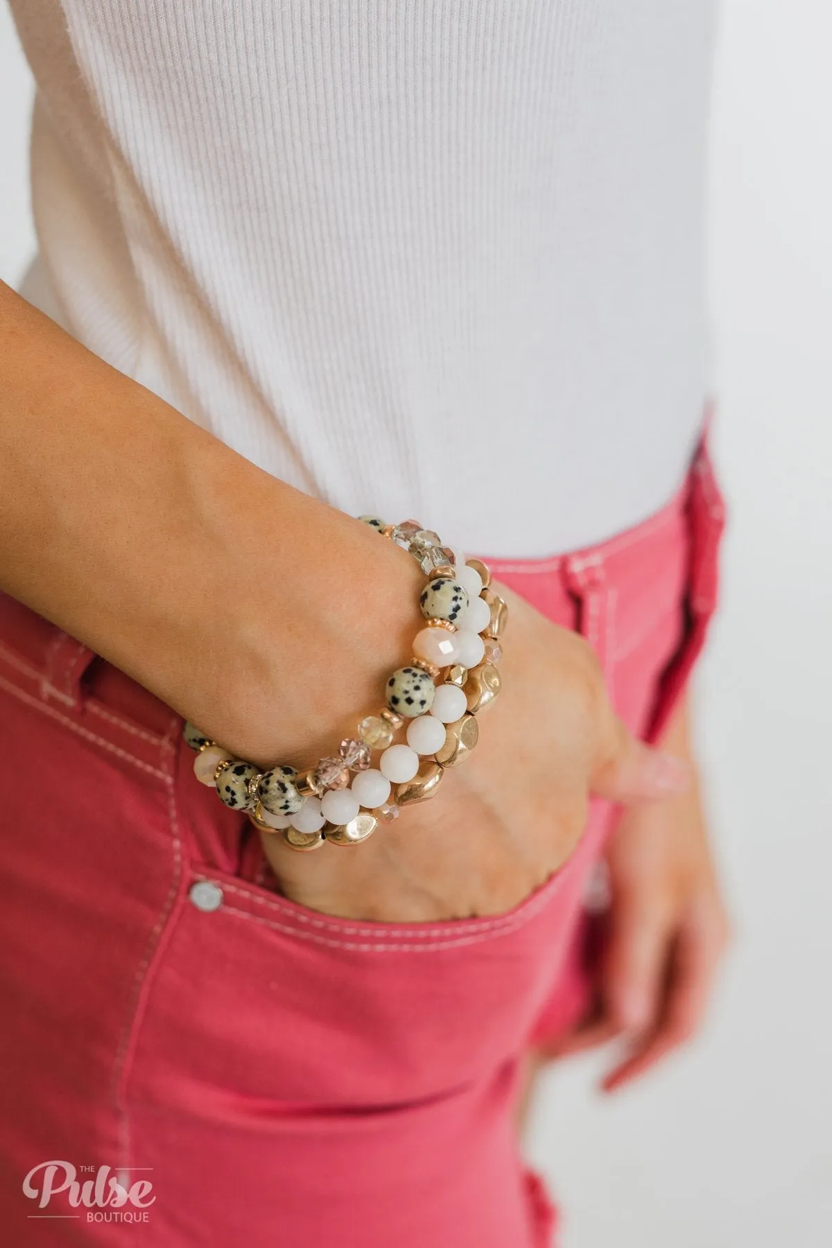Spotted Beads Bracelet Set- White, Gold, Blush