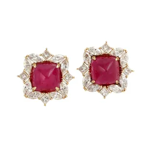 Square Pyramid Ruby Fancy Diamond 18K Yellow Gold Stud Earrings For Women's Gifts