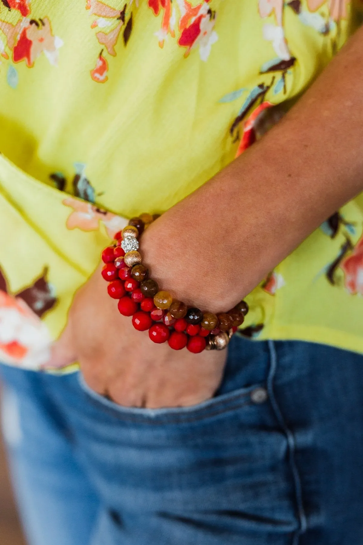 Stackable Gold Accent Beaded Bracelet Set- Red