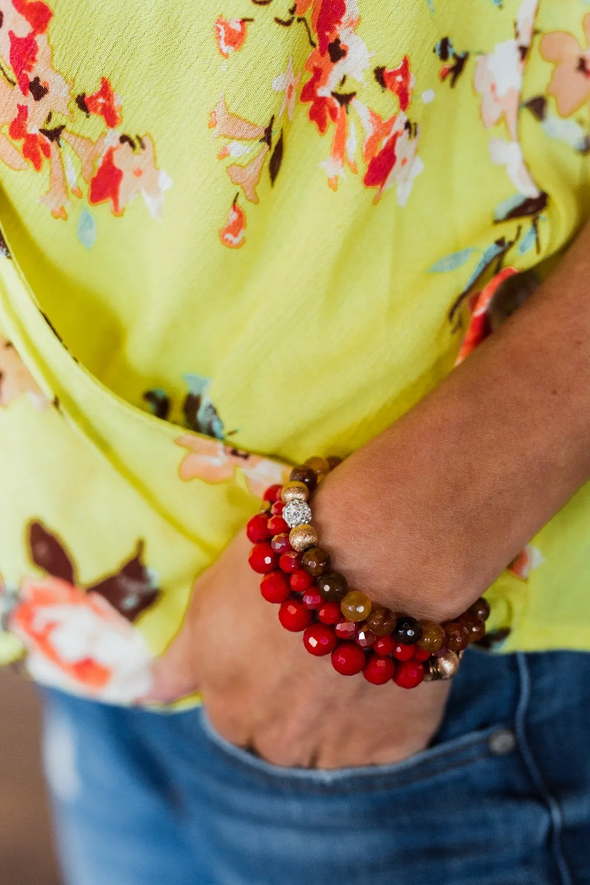 Stackable Gold Accent Beaded Bracelet Set- Red