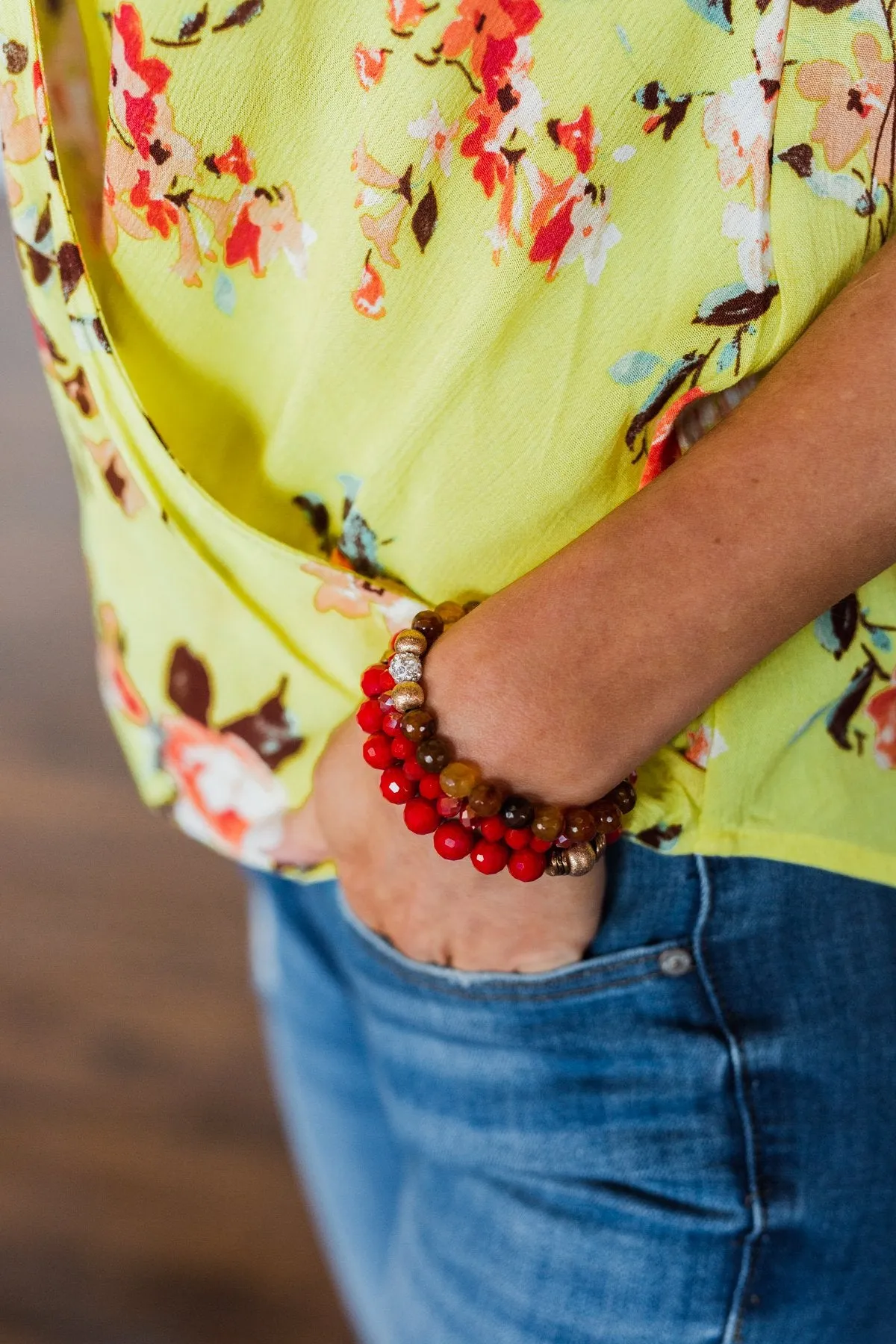 Stackable Gold Accent Beaded Bracelet Set- Red