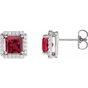 Sterling Silver 5x5 mm Lab-Grown Ruby 1/6 CTW Natural Diamond Halo-Style Earrings