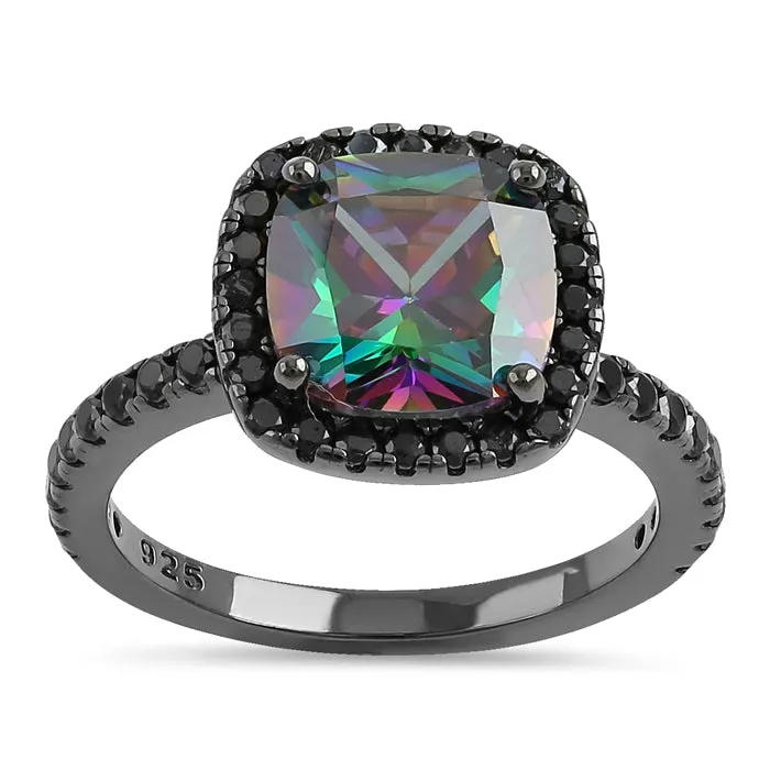 Sterling Silver Black Rhodium Cushion Cut Rainbow CZ Ring