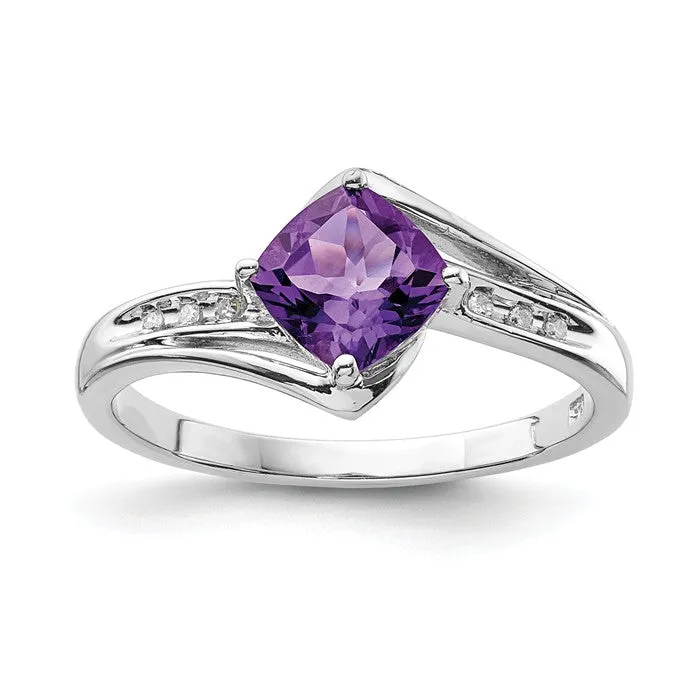Sterling Silver Cushion Cut Amethyst and Diamond Ring