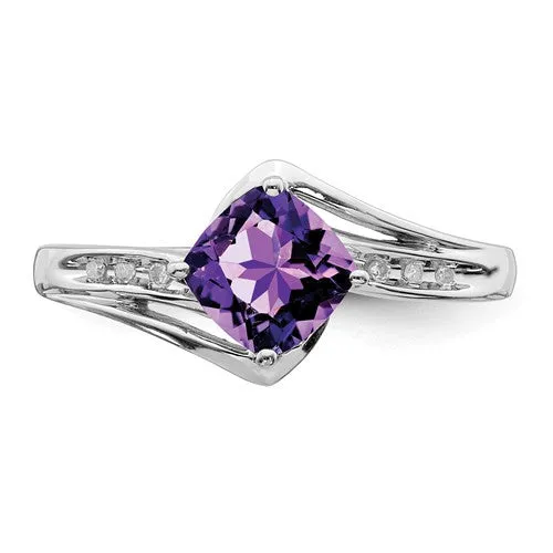 Sterling Silver Cushion Cut Amethyst and Diamond Ring