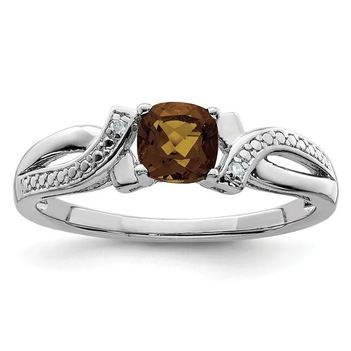 Sterling Silver Cushion Cut Smoky Quartz and Diamond Accent Ring