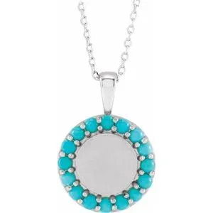 Sterling Silver Natural Turquoise Engravable Halo-Style 16-18" Necklace