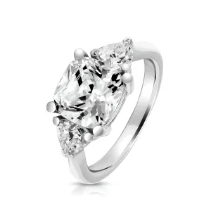 Sterling Silver (Rhodium Plated) & Cushion Cut & Heart Cut Cubic Zirconia Three Stone Trilogy Ring