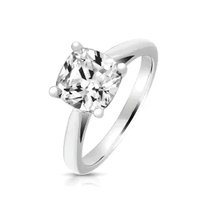 Sterling Silver (Rhodium Plated) & Cushion Cut Cubic Zirconia Single Stone Ring