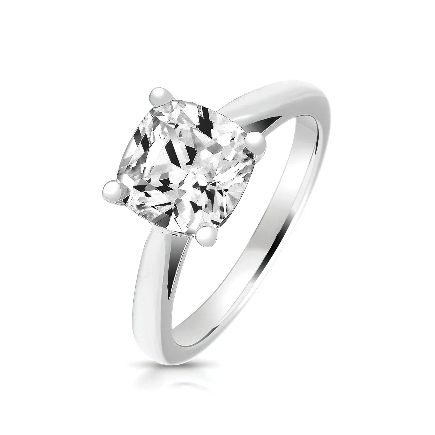 Sterling Silver (Rhodium Plated) & Cushion Cut Cubic Zirconia Single Stone Ring