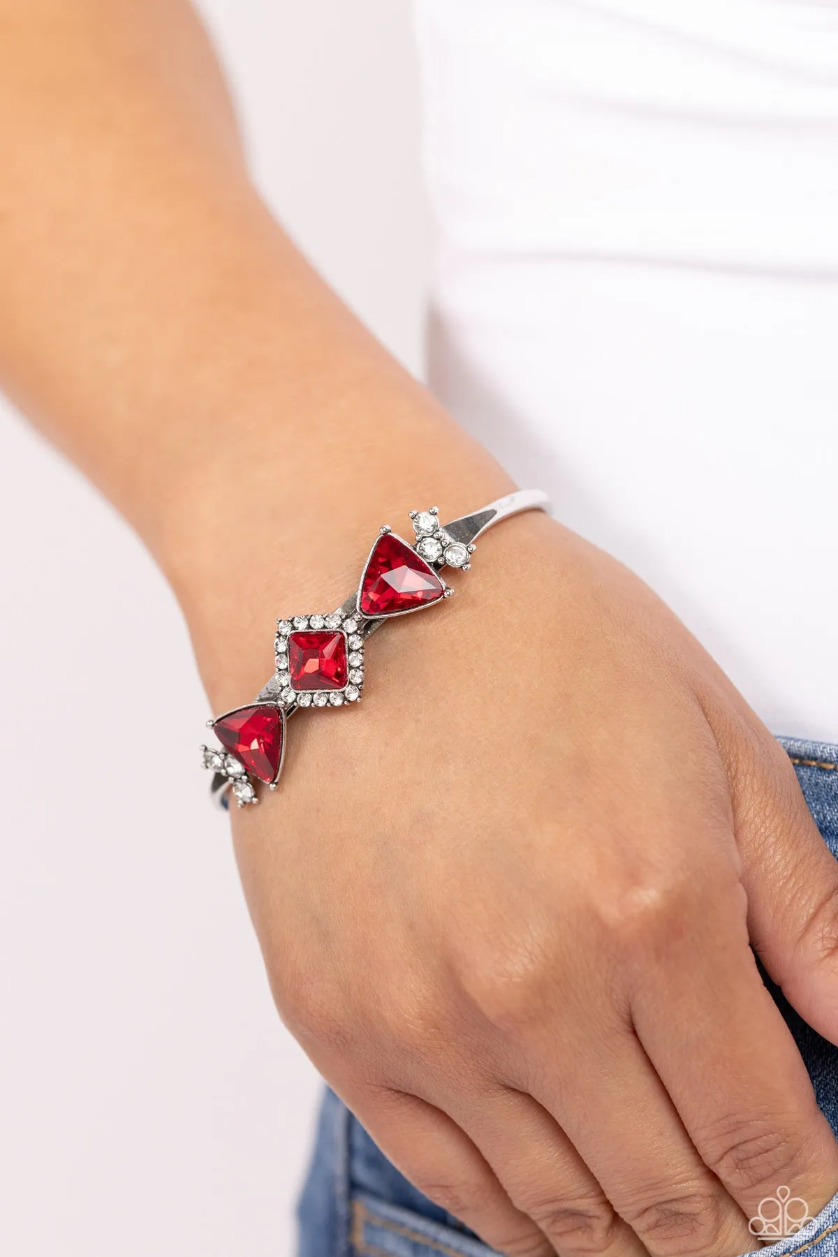 Strategic Sparkle - Red - Square and Triangular Rhinestone Paparazzi Cuff Bracelet