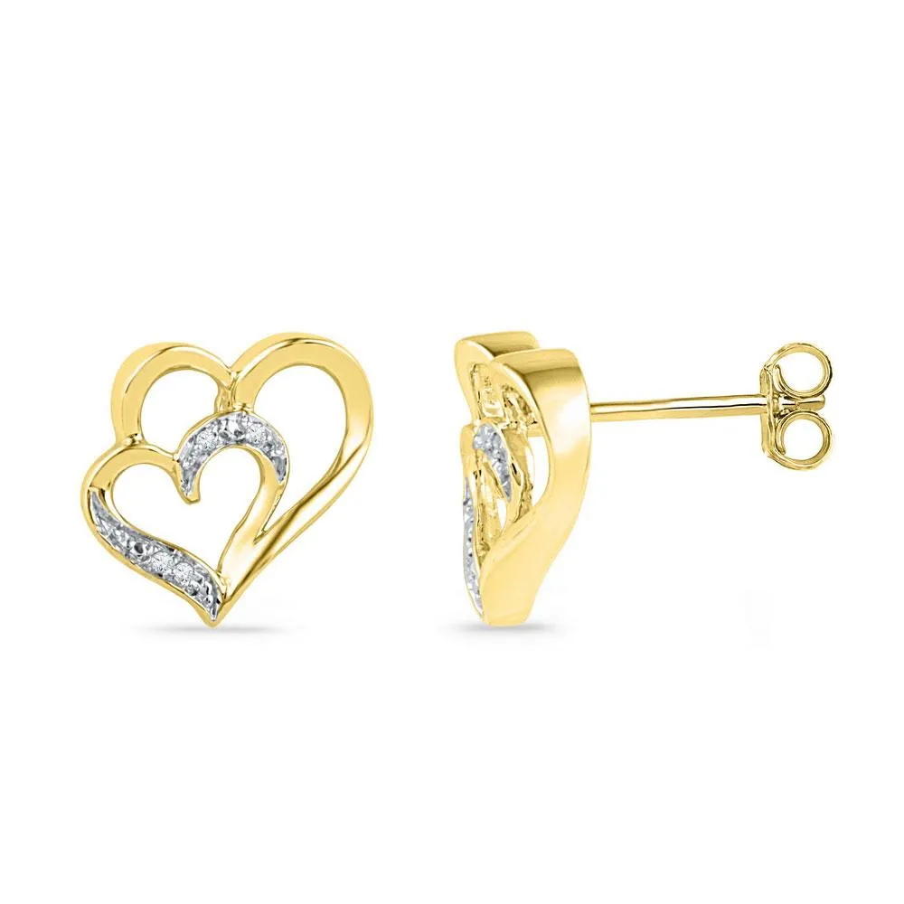 Stunning 10K Yellow Gold Round Diamond Heart Earrings 1/20 CTTW