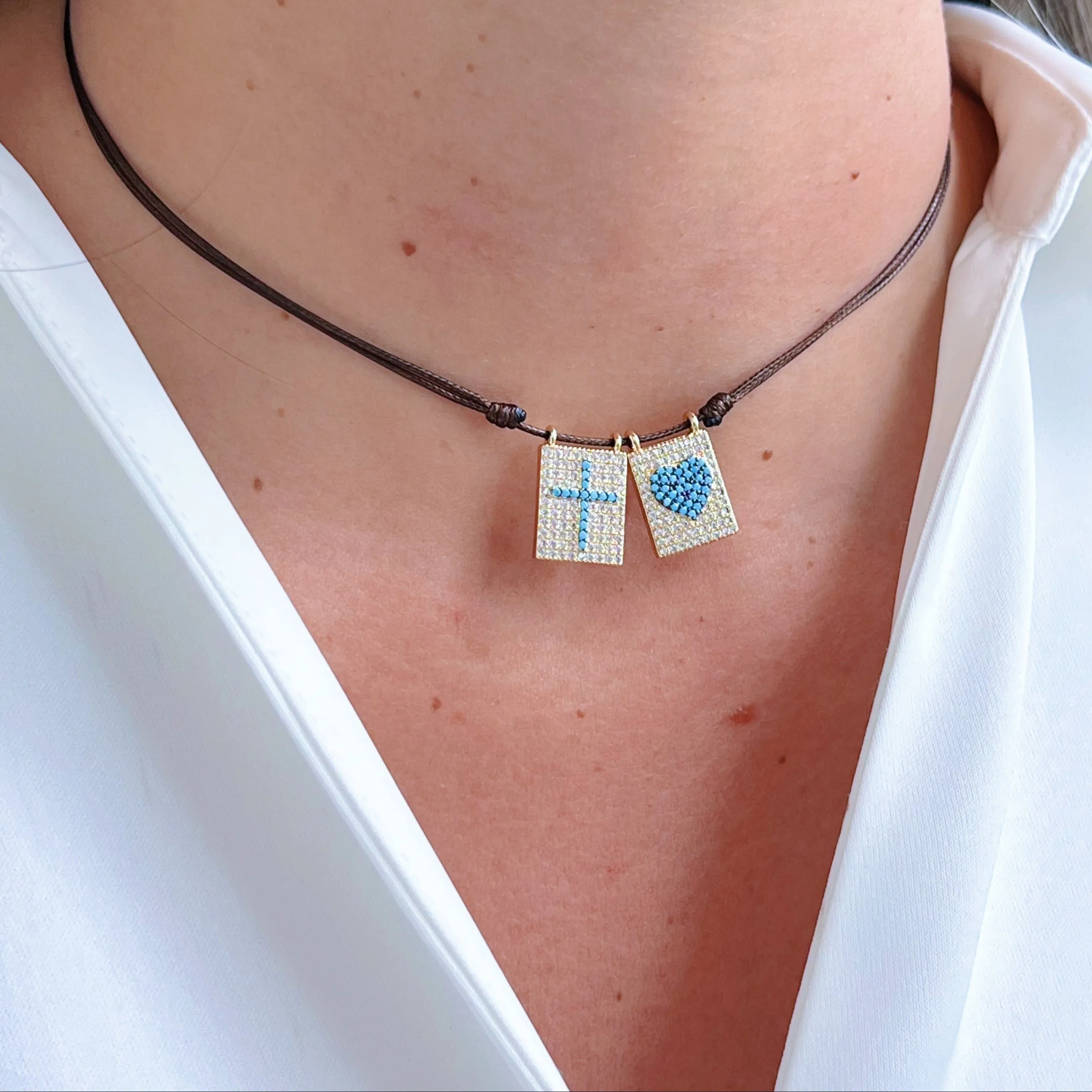 Symbol of Faith and Love Turquoise Double Scapular Necklace