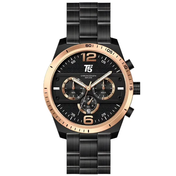 T5 Black Stainless Steel Black Dial Chronograph Quartz Watch for Gents - H3520G-E