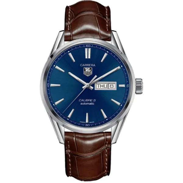 Tag Heuer Carrera Calibre 5 Brown Alligator Leather Strap Blue Dial Automatic Watch for Gents - WAR201E.FC6291