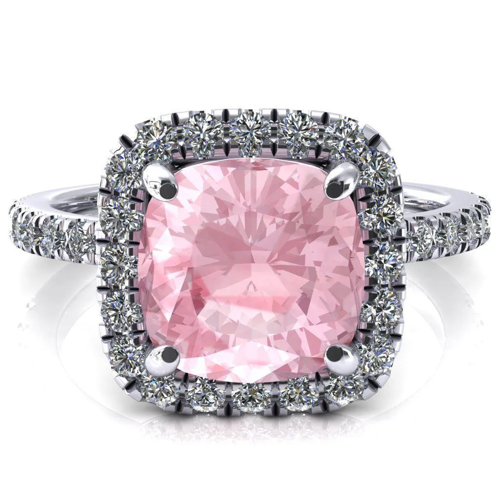 Talia Cushion Pink Sapphire 4 Prong Halo 5/8 Micropave Engagement Ring