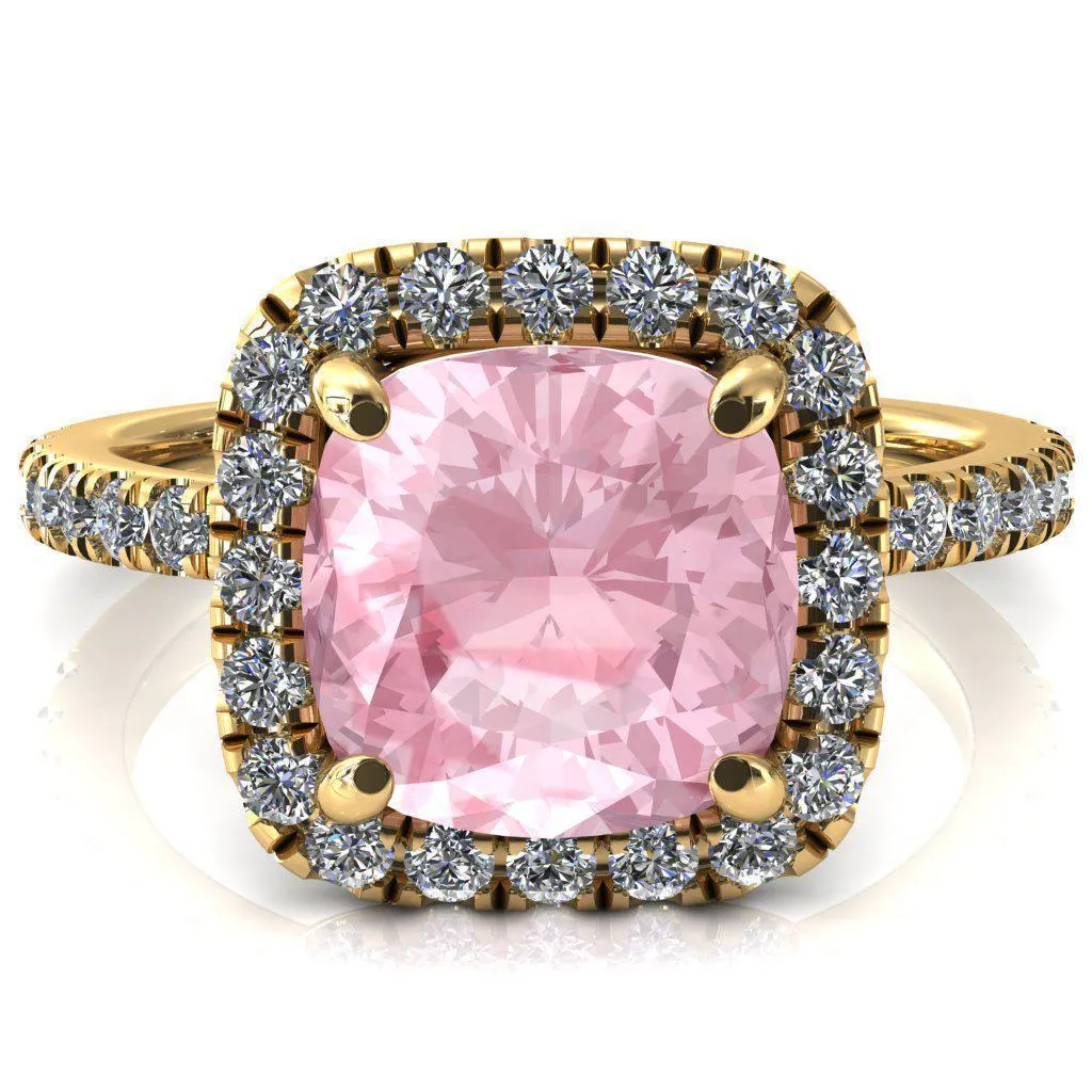 Talia Cushion Pink Sapphire 4 Prong Halo 5/8 Micropave Engagement Ring