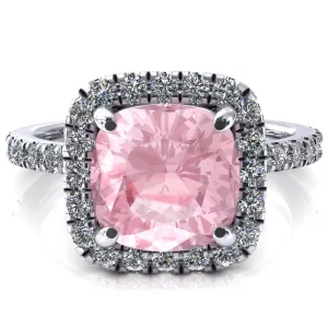 Talia Cushion Pink Sapphire 4 Prong Halo 5/8 Micropave Engagement Ring