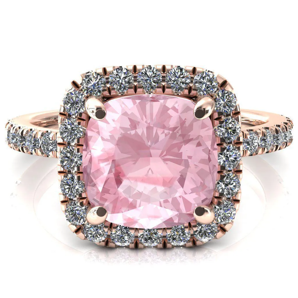 Talia Cushion Pink Sapphire 4 Prong Halo 5/8 Micropave Engagement Ring