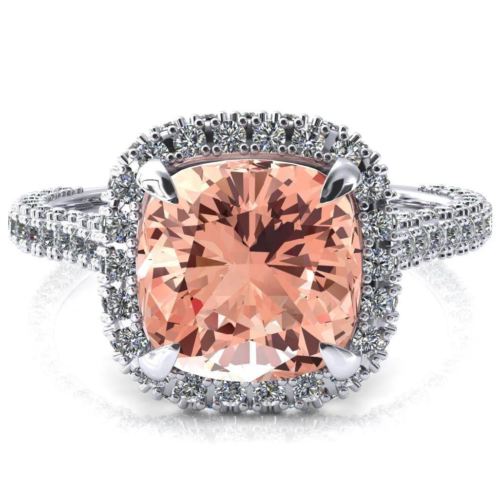 Taniya Cushion Champagne Sapphire 4 Claw Prong Halo 3/4 Eternity 3 Sided Diamond Shank Cathedral Engagement Ring