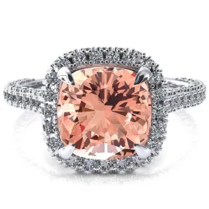 Taniya Cushion Champagne Sapphire 4 Claw Prong Halo 3/4 Eternity 3 Sided Diamond Shank Cathedral Engagement Ring