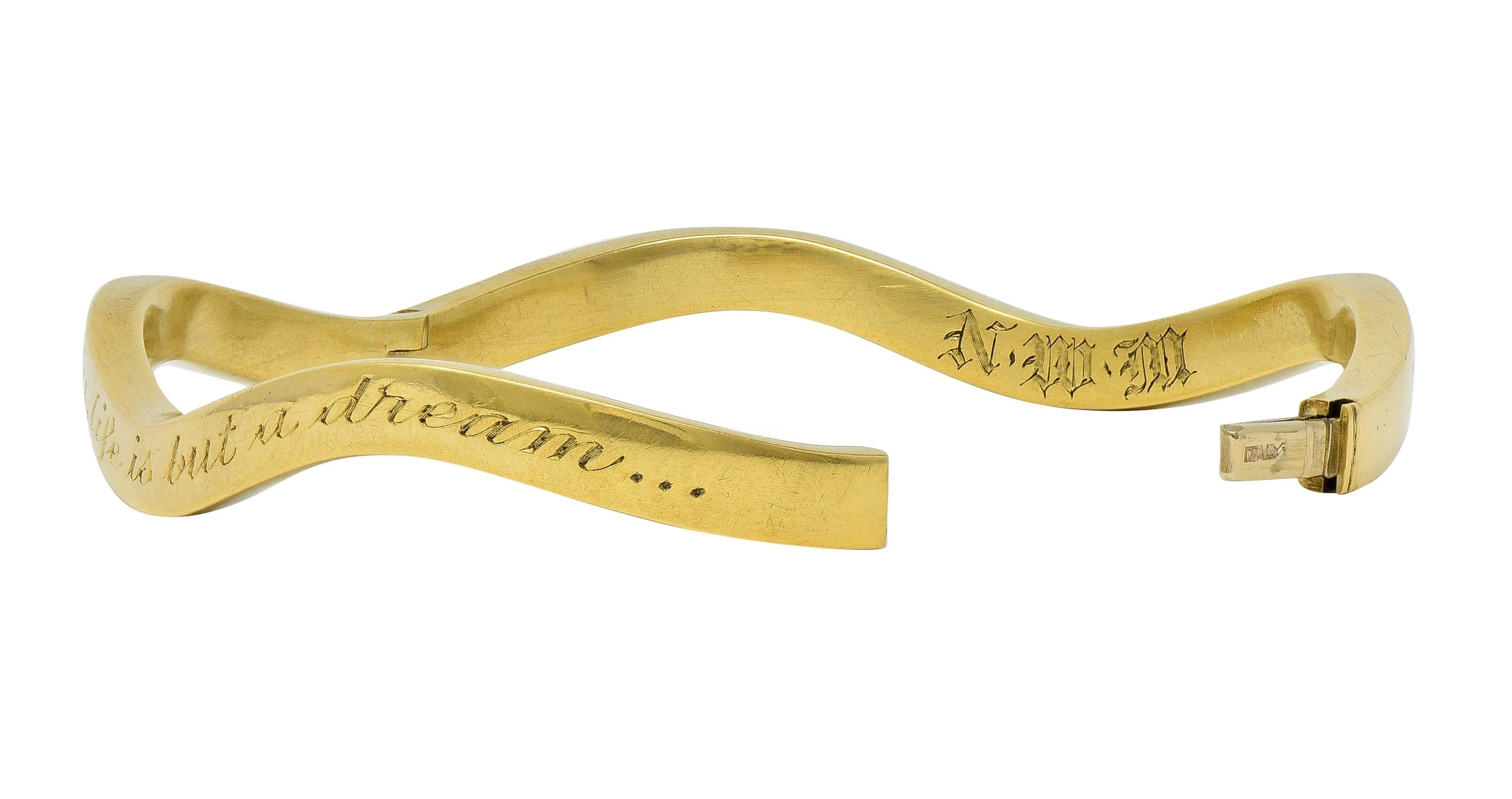 Tiffany & Co. 1980's 18 Karat Yellow Gold Vintage Inscribed Wave Bangle Bracelet