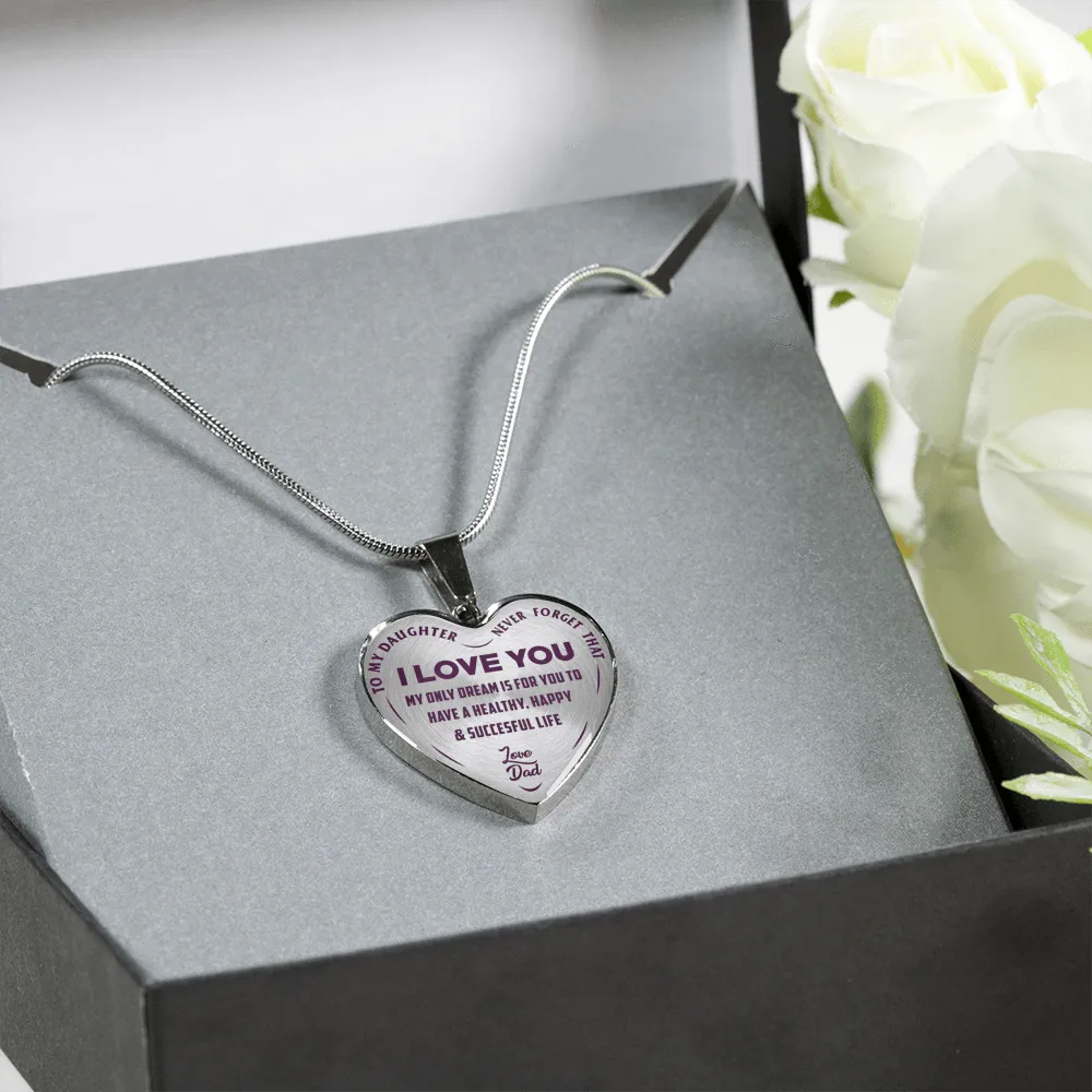 To My Daughter My Only Dream, Silver Finished Heart Shaped Necklace (Purple on Transparent)