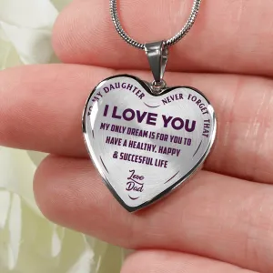 To My Daughter My Only Dream, Silver Finished Heart Shaped Necklace (Purple on Transparent)