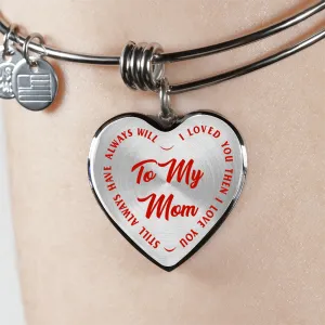 To My Mom Gold or Silver Finished Heart Shaped Bangle Bracelet (Red on Transparent)