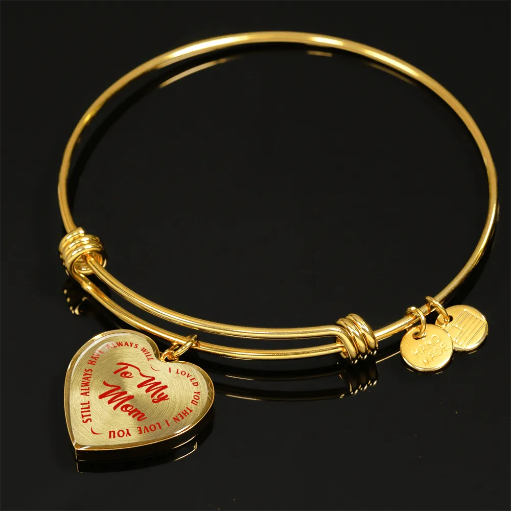 To My Mom Gold or Silver Finished Heart Shaped Bangle Bracelet (Red on Transparent)
