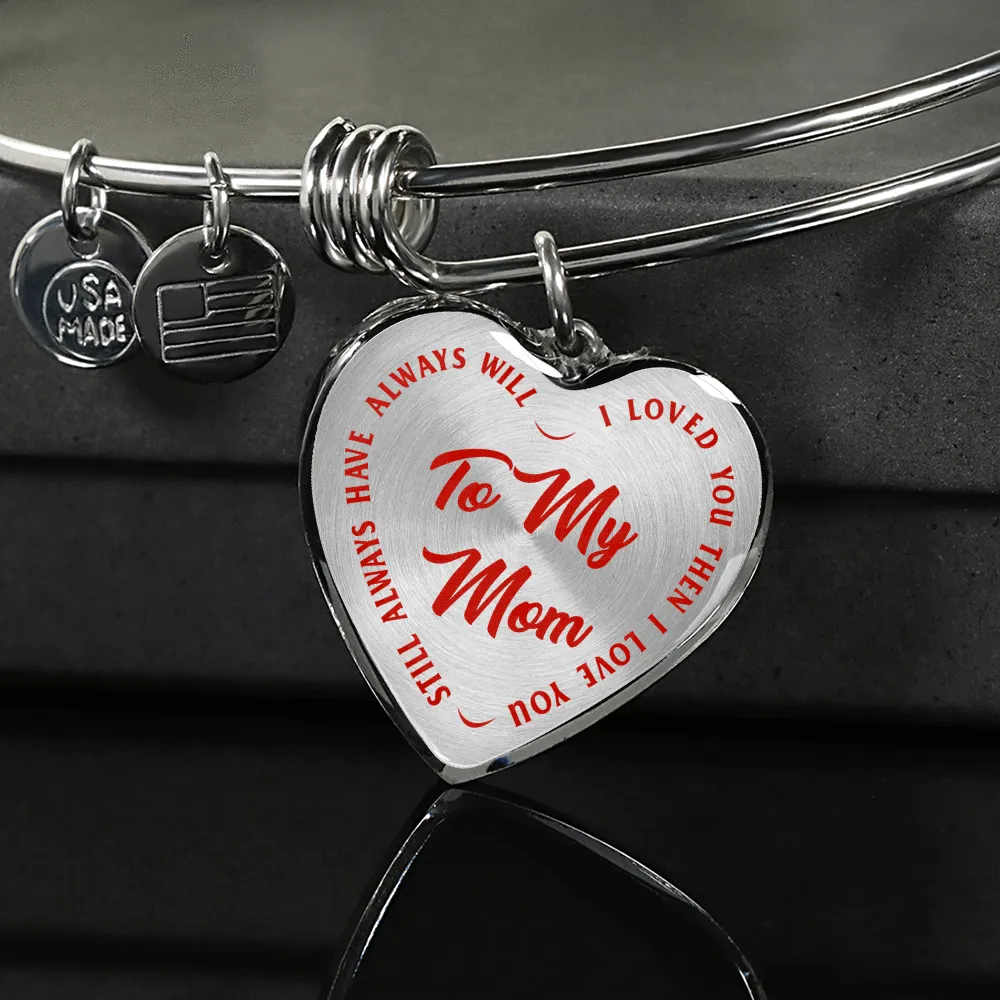 To My Mom Gold or Silver Finished Heart Shaped Bangle Bracelet (Red on Transparent)