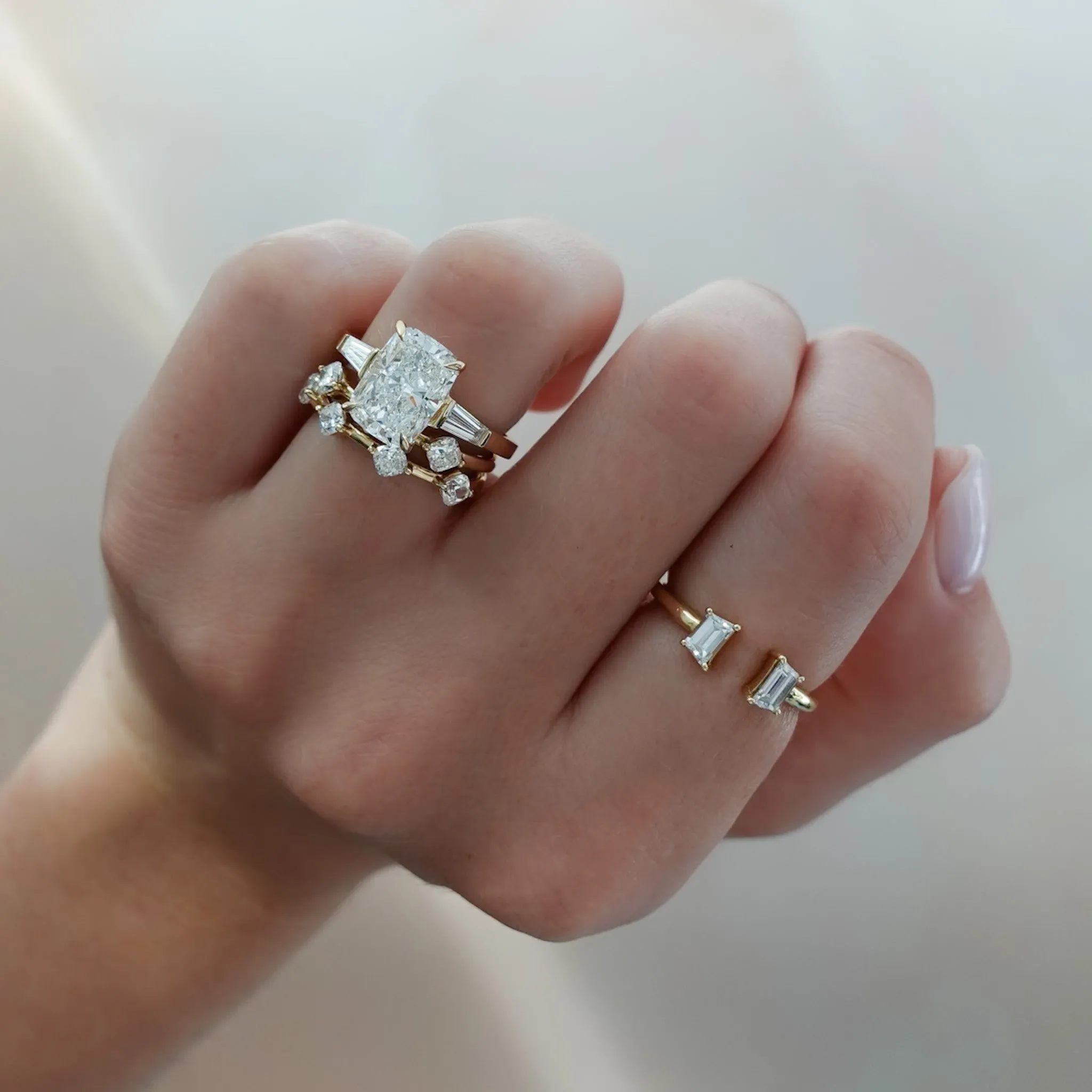 Translunar Tapered Baguette Engagement Ring With Elongated Cushion Cut Diamond