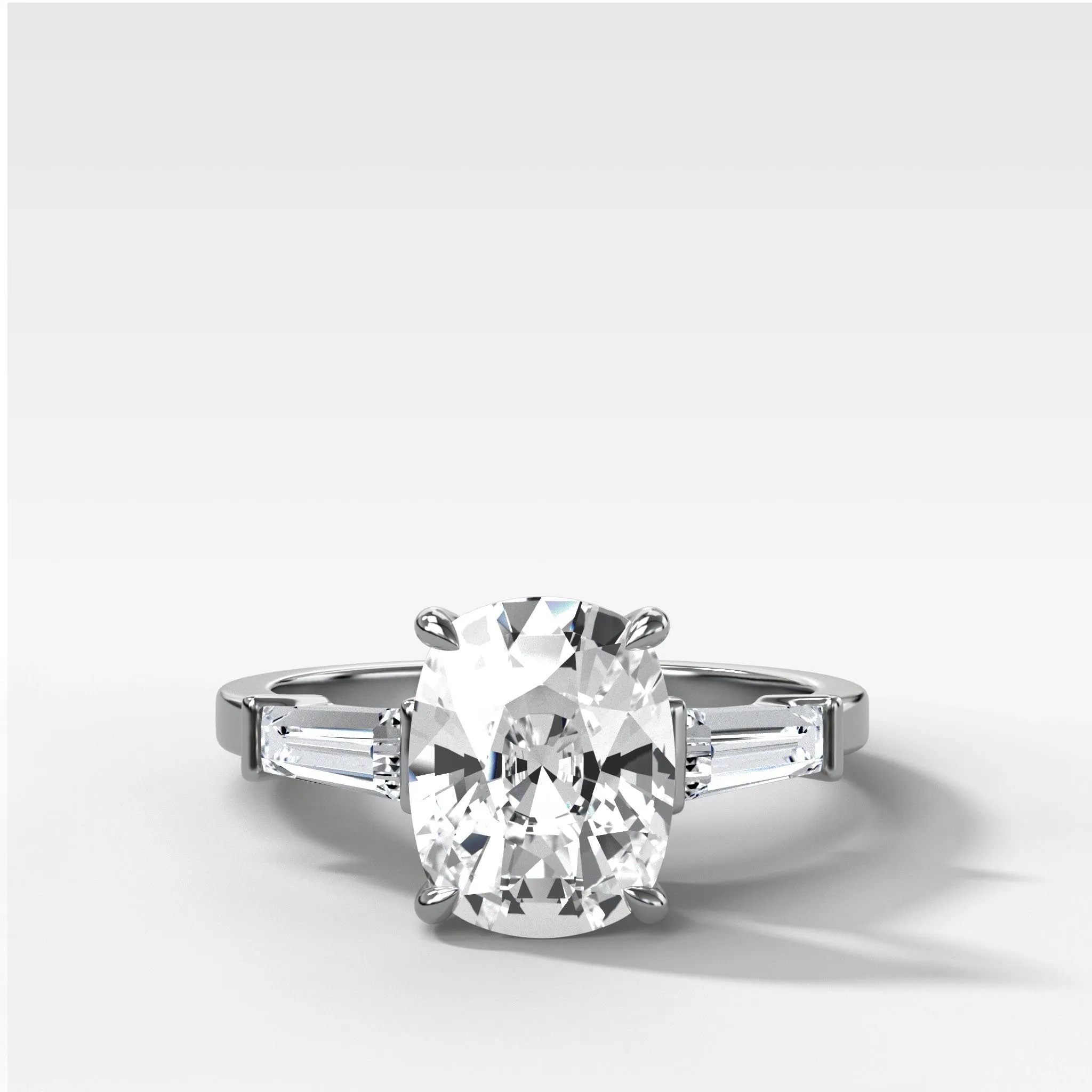 Translunar Tapered Baguette Engagement Ring With Elongated Cushion Cut Diamond