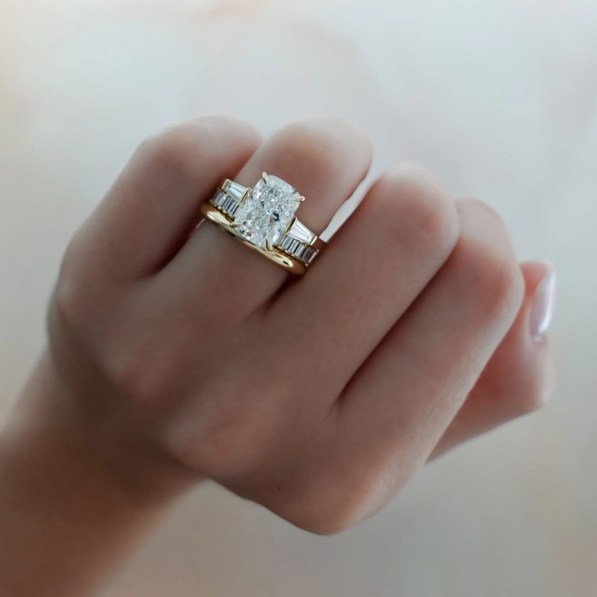 Translunar Tapered Baguette Engagement Ring With Elongated Cushion Cut Diamond