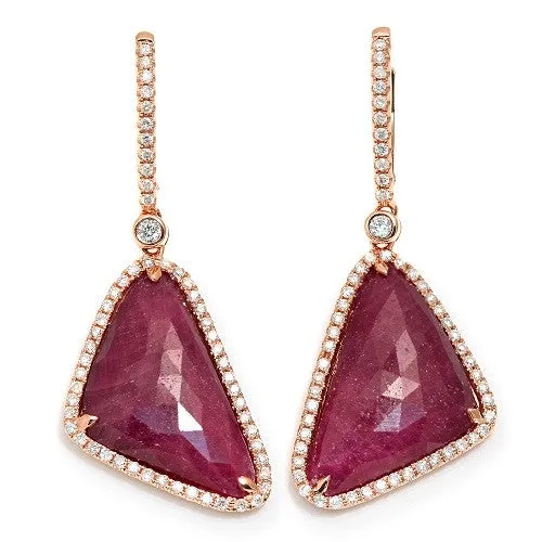 Triangle Ruby Slice Dangle Earrings  with Diamonds 14k Rose Gold