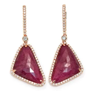 Triangle Ruby Slice Dangle Earrings  with Diamonds 14k Rose Gold