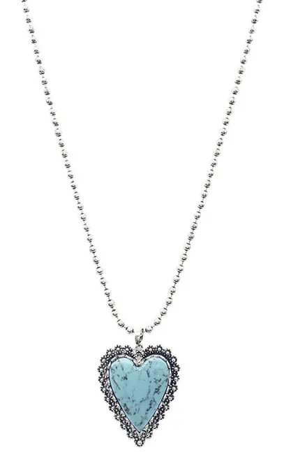 Turquoise Stone Heart pendant silver ball chain necklace